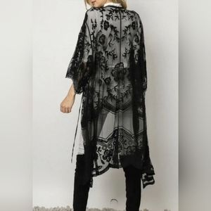 New Beautiful Vintage Look Floral Lace Kimono Duster Cover Up Black